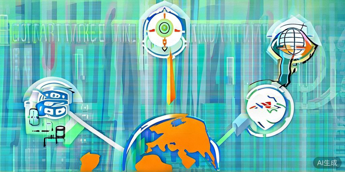 全球电商运营五大核心策略概念图：市场定位、本地化、供应链、数据决策、品牌建设环绕地球