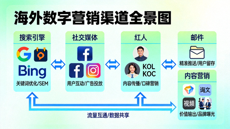 海外数字营销渠道全景图：展示搜索引擎、社交媒体、红人、邮件、内容营销等渠道的协同作用