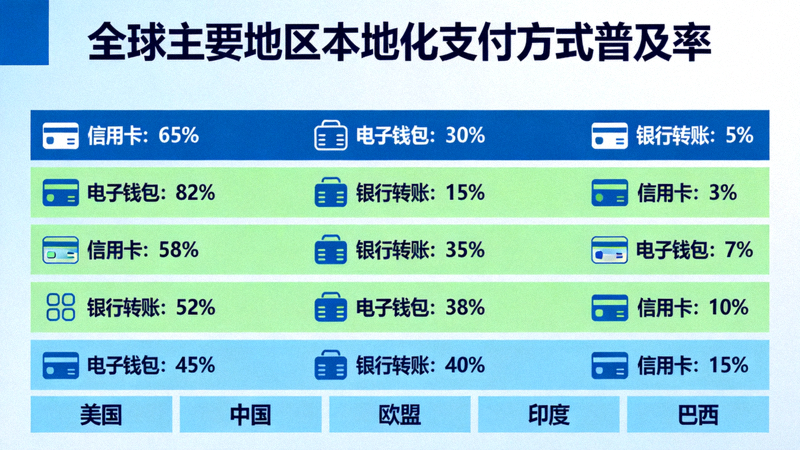 全球主要地区本地化支付方式信息图：展示信用卡、电子钱包、银行转账等在不同国家的普及率