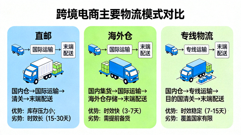 图解跨境电商主要物流模式对比：直邮、海外仓、专线物流的流程与优劣分析