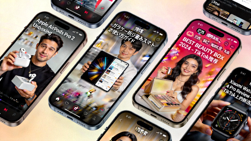 多部手机屏幕展示不同国家TikTok上流行的产品开箱、使用教程和网红推荐短视频