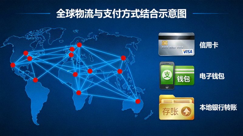 全球物流网络地图与多种支付方式图标（信用卡、电子钱包、本地银行转账）相结合的示意图