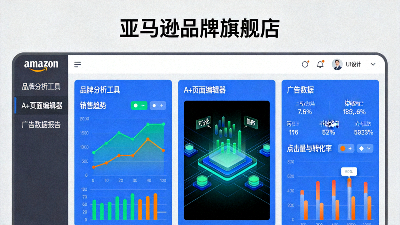亚马逊品牌旗舰店后台界面，展示品牌分析工具、A+页面编辑器和广告数据报告