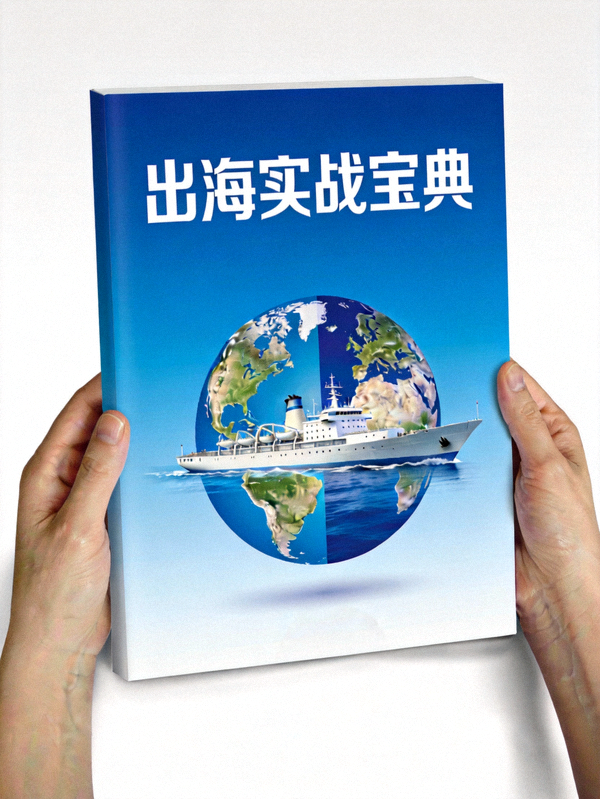 《出海实战宝典》书籍封面设计，封面中央是地球与航行船只的抽象结合，背景为蓝色渐变，标题醒目