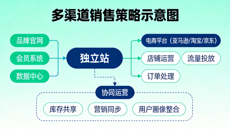 多渠道销售策略示意图，展示独立站与各大电商平台协同运营的模型