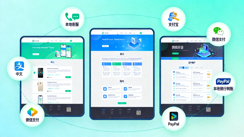 多语言网站界面并排展示，同时有本地客服、本地支付方式图标环绕，象征深度本地化运营