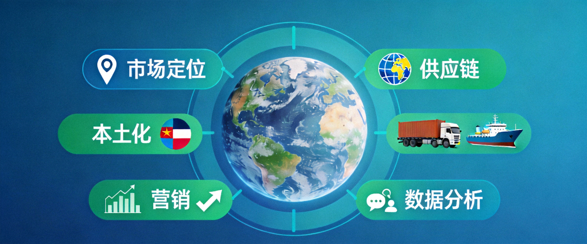全球电商运营五大核心策略总览图：展示市场定位、本土化、供应链、营销、数据分析五个模块环绕地球