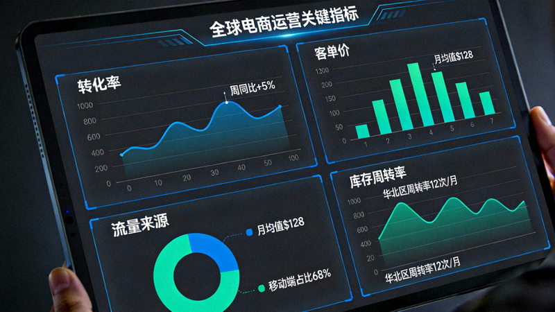 数据仪表盘大屏特写，显示全球电商运营关键指标如转化率、客单价、流量来源、库存周转率等可视化图表
