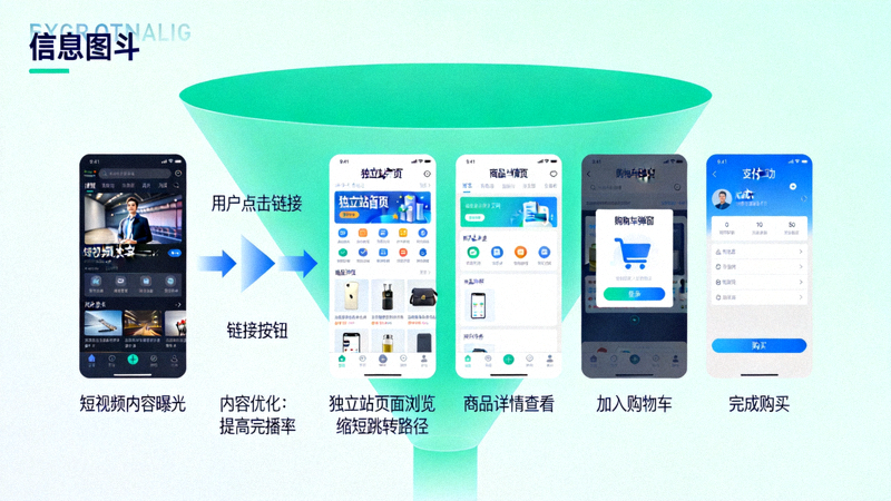 TikTok流量转化漏斗图，展示从短视频内容到独立站购买的全过程优化