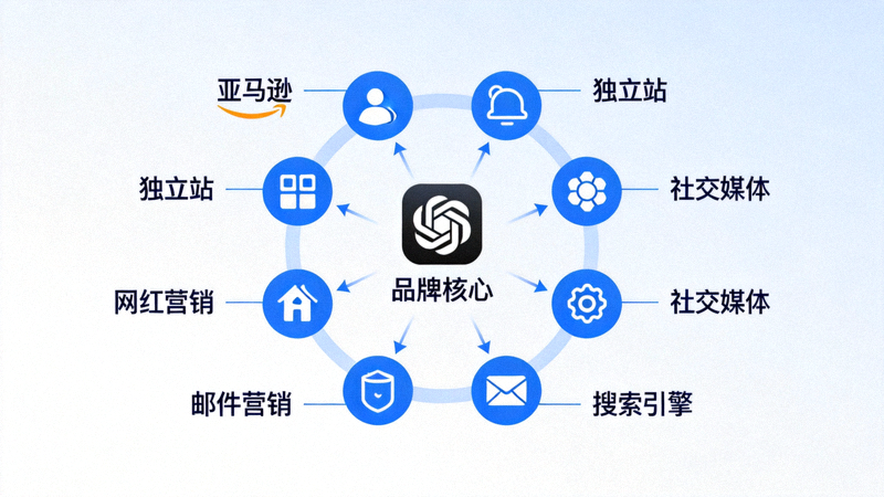 整合营销渠道示意图，中心是品牌标识，周围环绕着亚马逊、独立站、社交媒体、搜索引擎、网红营销、邮件营销等图标