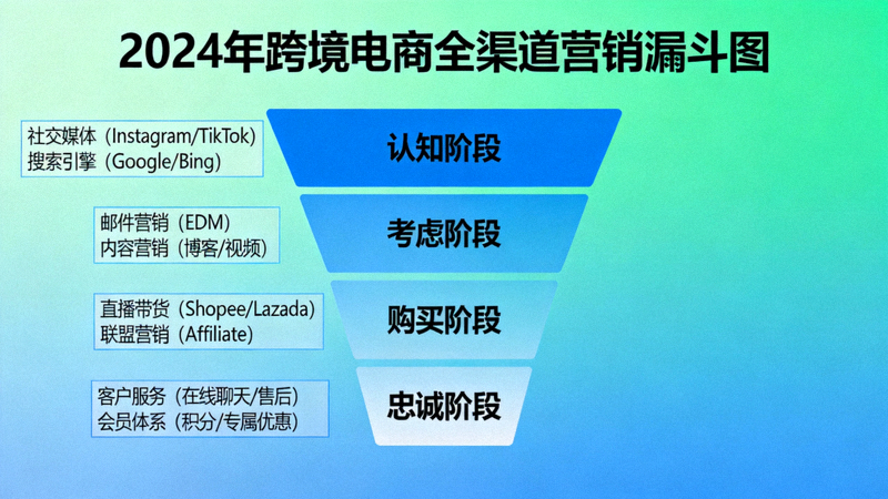 2024年跨境电商全渠道营销漏斗图，展示从认知、考虑、购买到忠诚的各个阶段及对应营销渠道