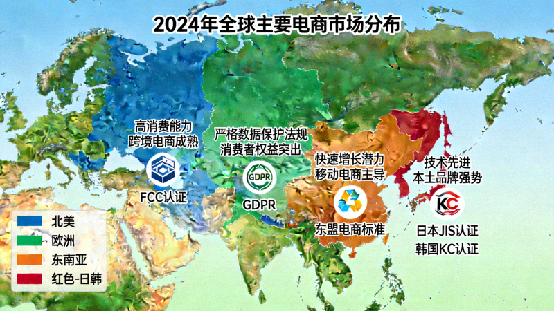 2024年全球主要电商市场分布图，标注了北美、欧洲、东南亚、日韩等地区的市场特点与合规标志