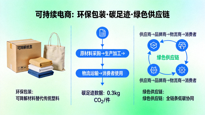 展示环保包装、碳足迹计算与绿色供应链的可持续电商概念图