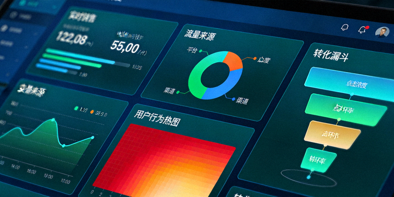电商数据仪表盘特写，清晰展示实时销售、流量来源、用户行为热图及转化漏斗等关键指标