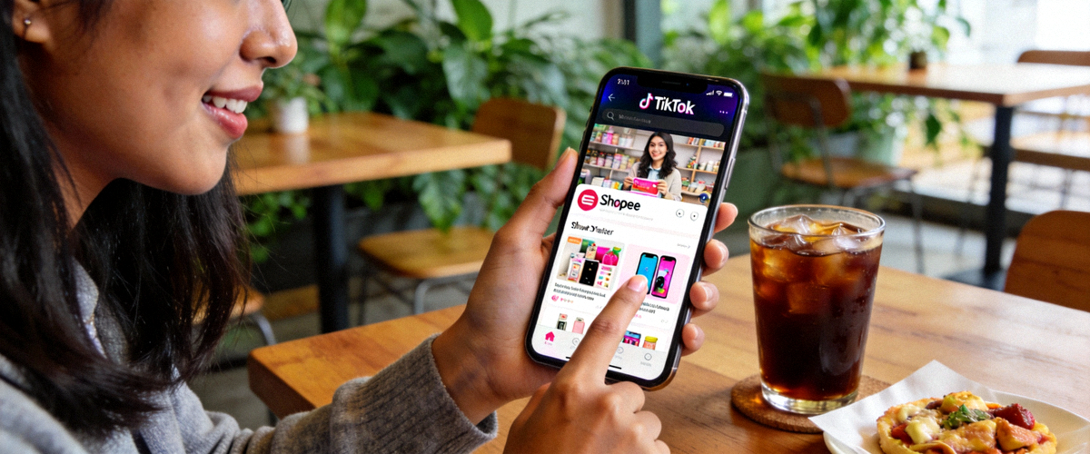 东南亚年轻人使用手机在TikTok和Shopee等APP上浏览和购买商品的场景