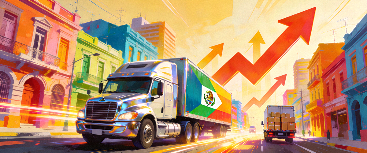 拉美城市风光与电商物流车辆，背景有增长箭头，表示新兴市场的潜力