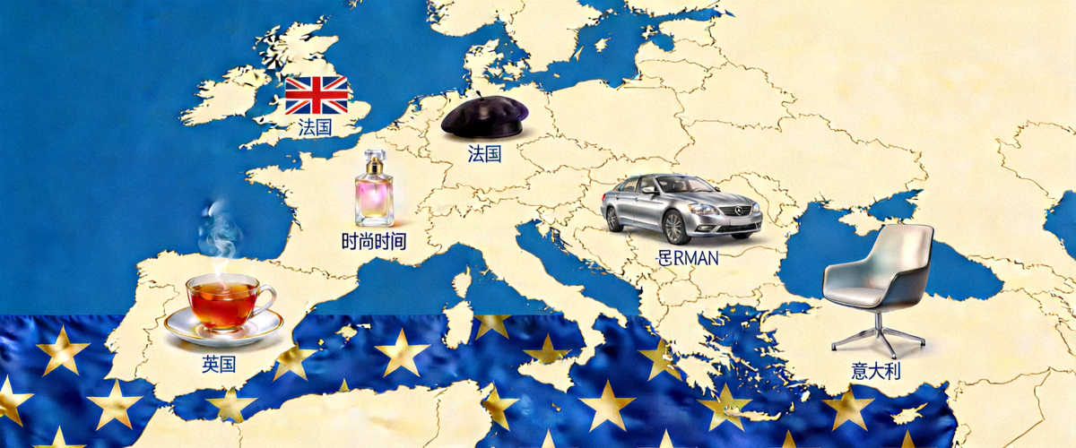 欧洲地图展示不同国家的文化图标，如英国红茶、法国时尚、德国汽车、意大利设计，背景是欧盟旗帜