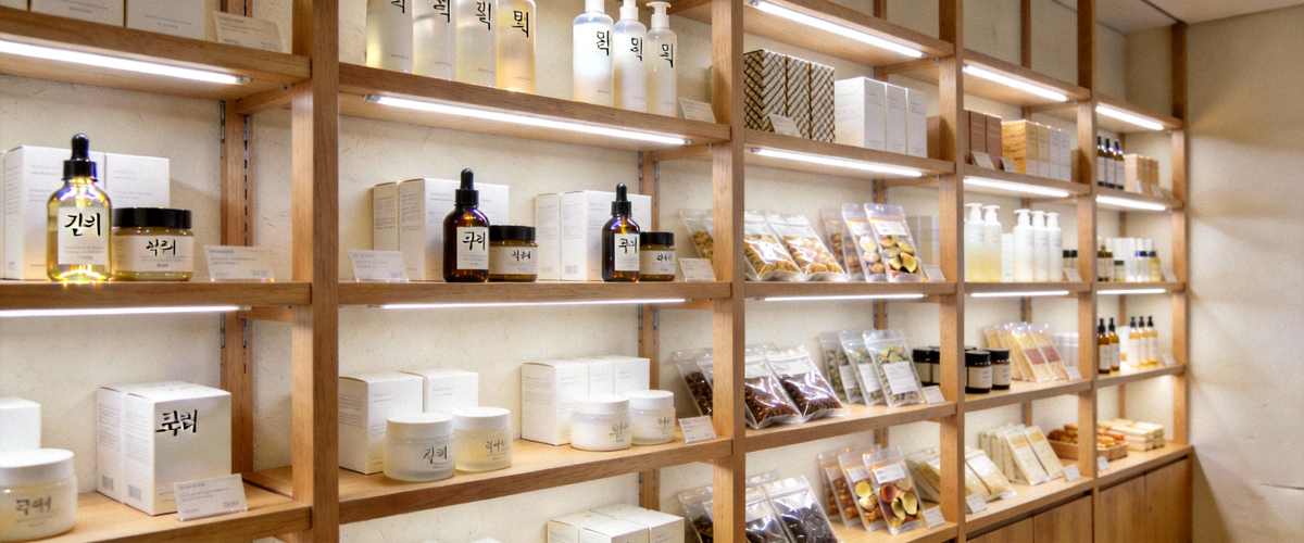 日本和韩国整洁的商店陈列，展示对产品包装、细节和品质的极致追求