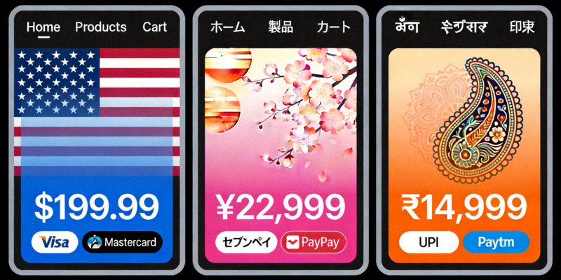 网站界面展示同一产品在不同国家语言、货币、支付方式及符合当地文化的设计适配