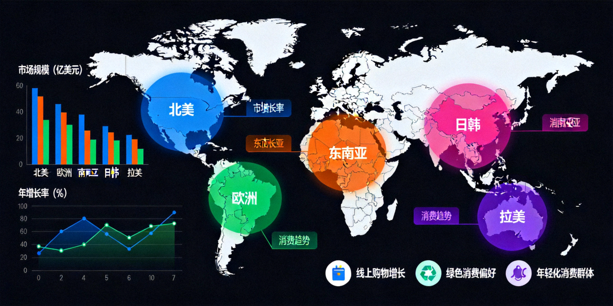 一张世界地图上高亮显示北美、欧洲、东南亚、日韩、拉美五大市场区域，并附有数据图表和消费趋势图标
