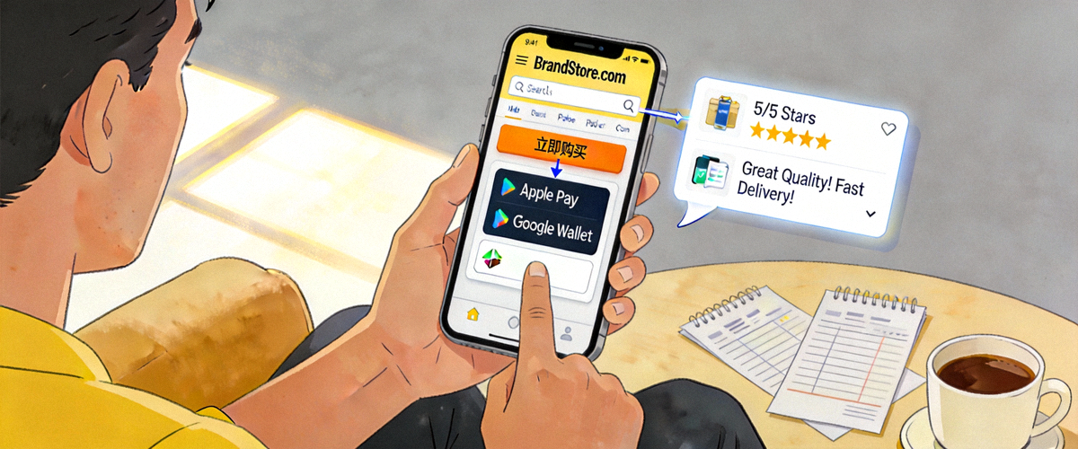 展示北美消费者在线购物场景，突出品牌网站、移动支付和产品评论的重要性