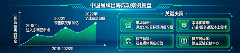中国品牌出海成功案例复盘信息图，展示其增长曲线与关键决策点