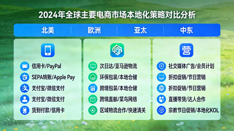 2024年全球主要电商市场本地化策略对比分析图，展示不同地区的支付、物流、营销偏好