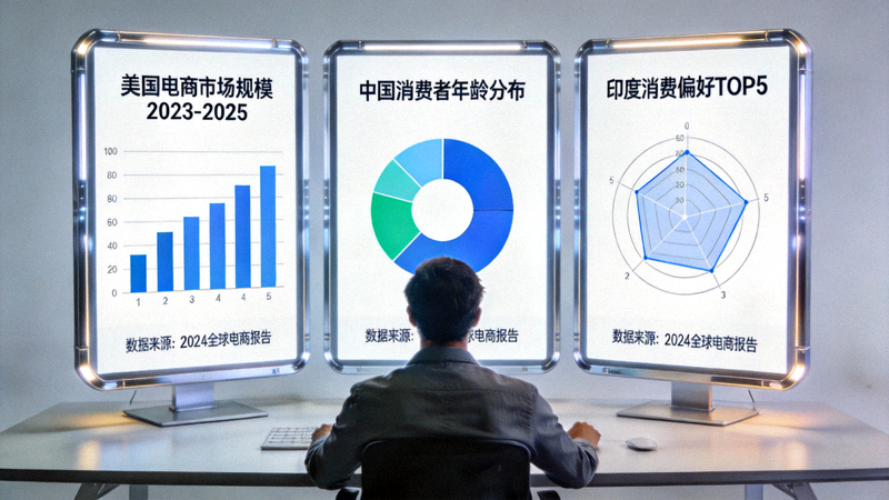 分析师使用多屏幕对比不同国家电商市场数据与消费者画像的可视化图表