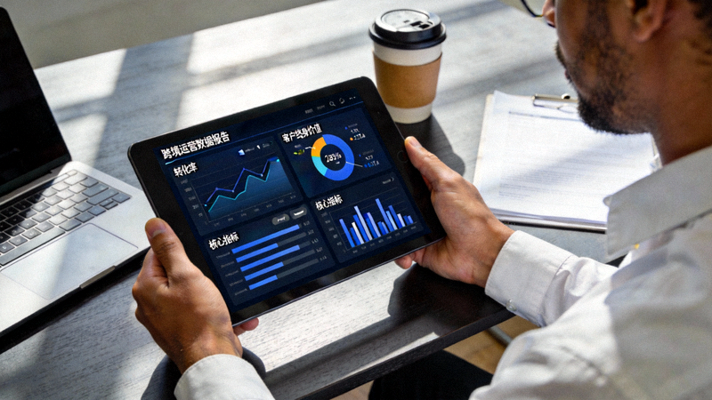 数据分析师正在查看包含转化率、客户终身价值等核心指标的跨境运营数据报告