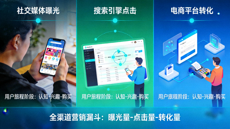 展示从社交媒体、搜索引擎到电商平台的全渠道营销漏斗与用户旅程图