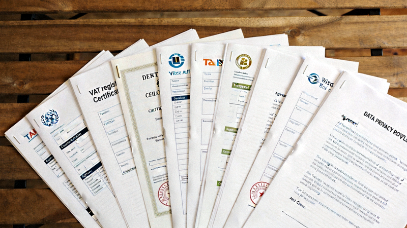 整齐摆放的各国税务申报表格、增值税VAT注册证书和数据隐私协议文件