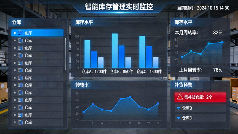 智能库存管理仪表盘实时显示多仓库库存水平、周转率与补货预警